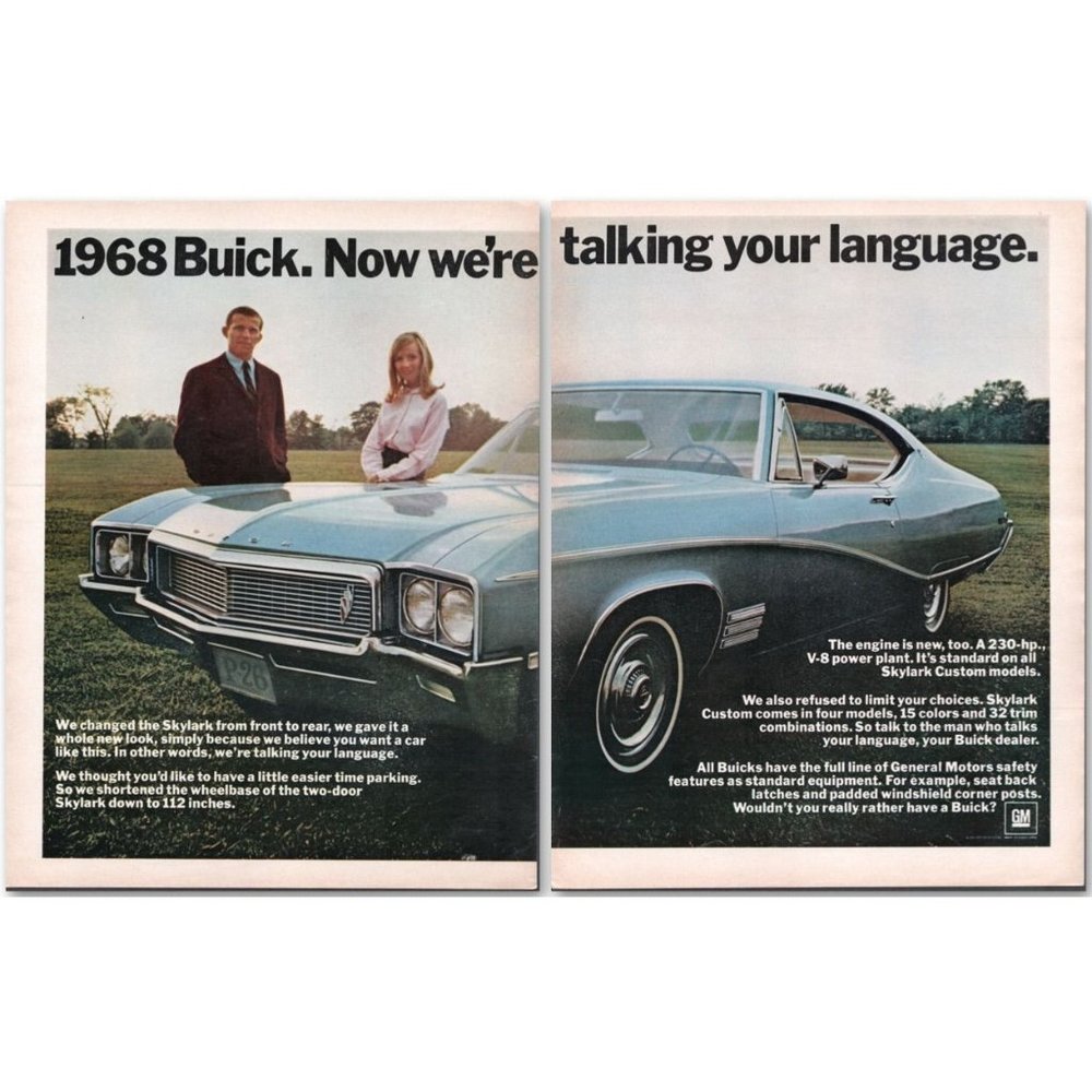 1969 Buick Skylark Coupe 2 Page Vintage Print Ad Talking Your Language Wall Art